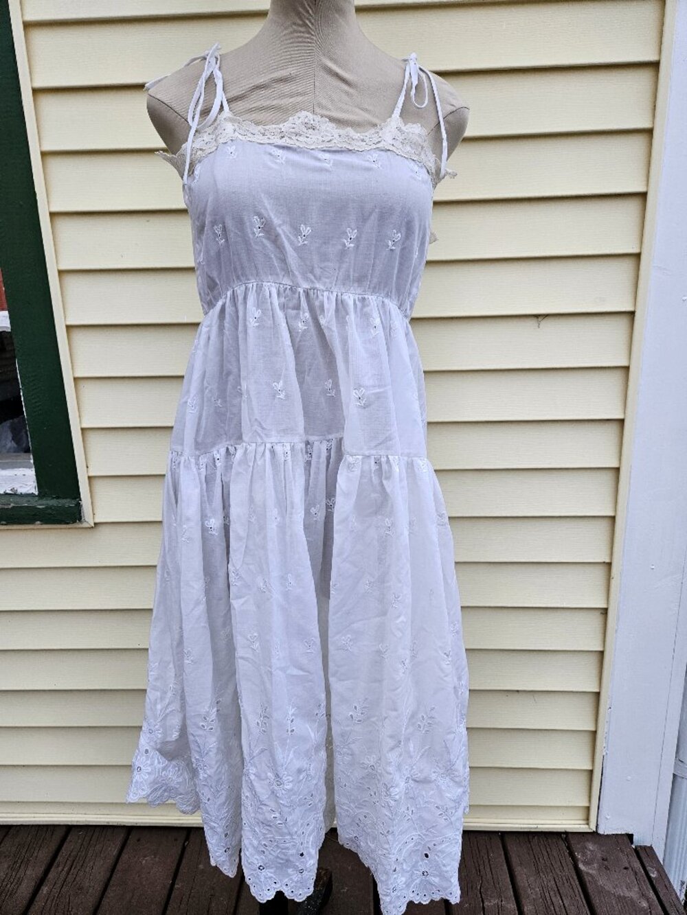 White Cotton Eyelet Embroidery Tiered Midi Sun Dress Tie Shoulder Cottagecore XS